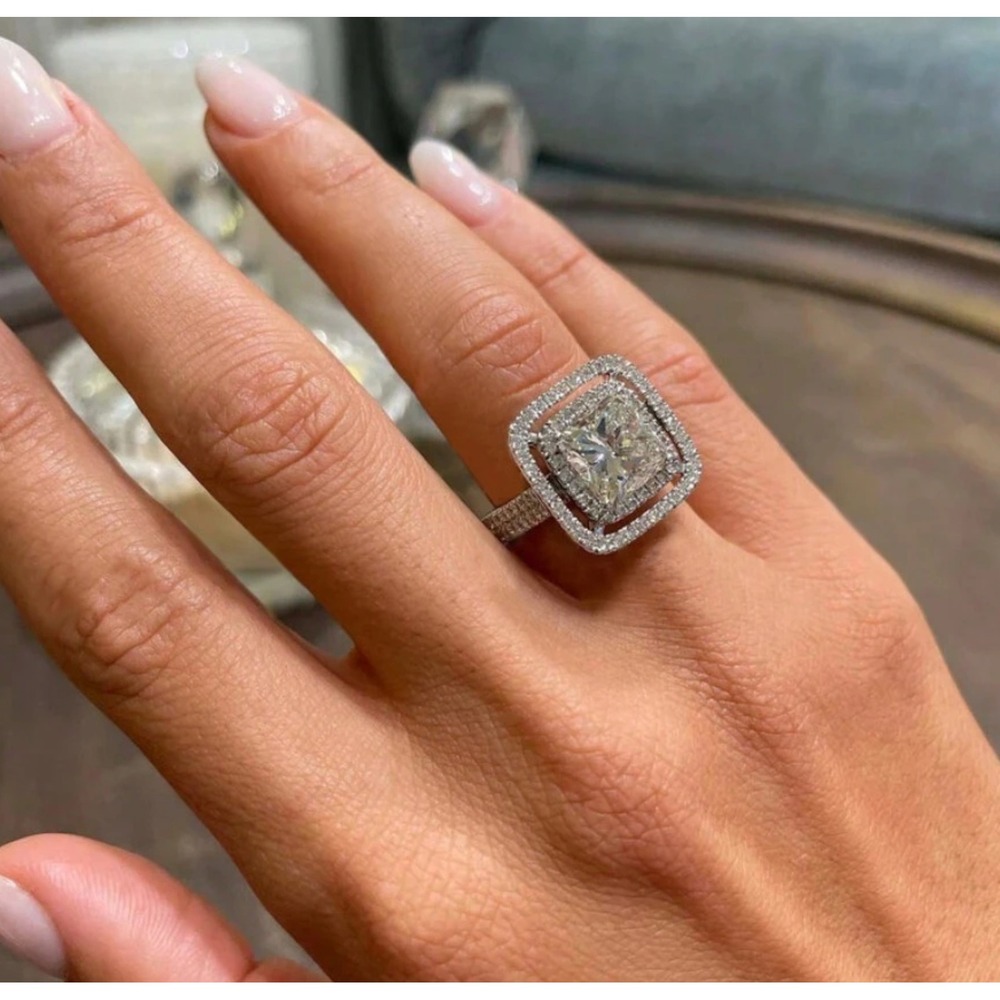 Cushion Cut Double Halo Statement Ring Silver Tone Pave Band Size 6